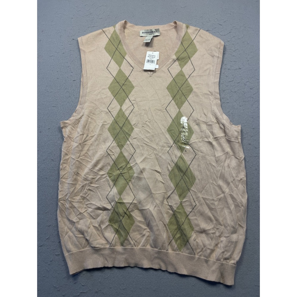 Banana Republic Sweater Vest 100% Cotton Argyle Beige Green Large Mens